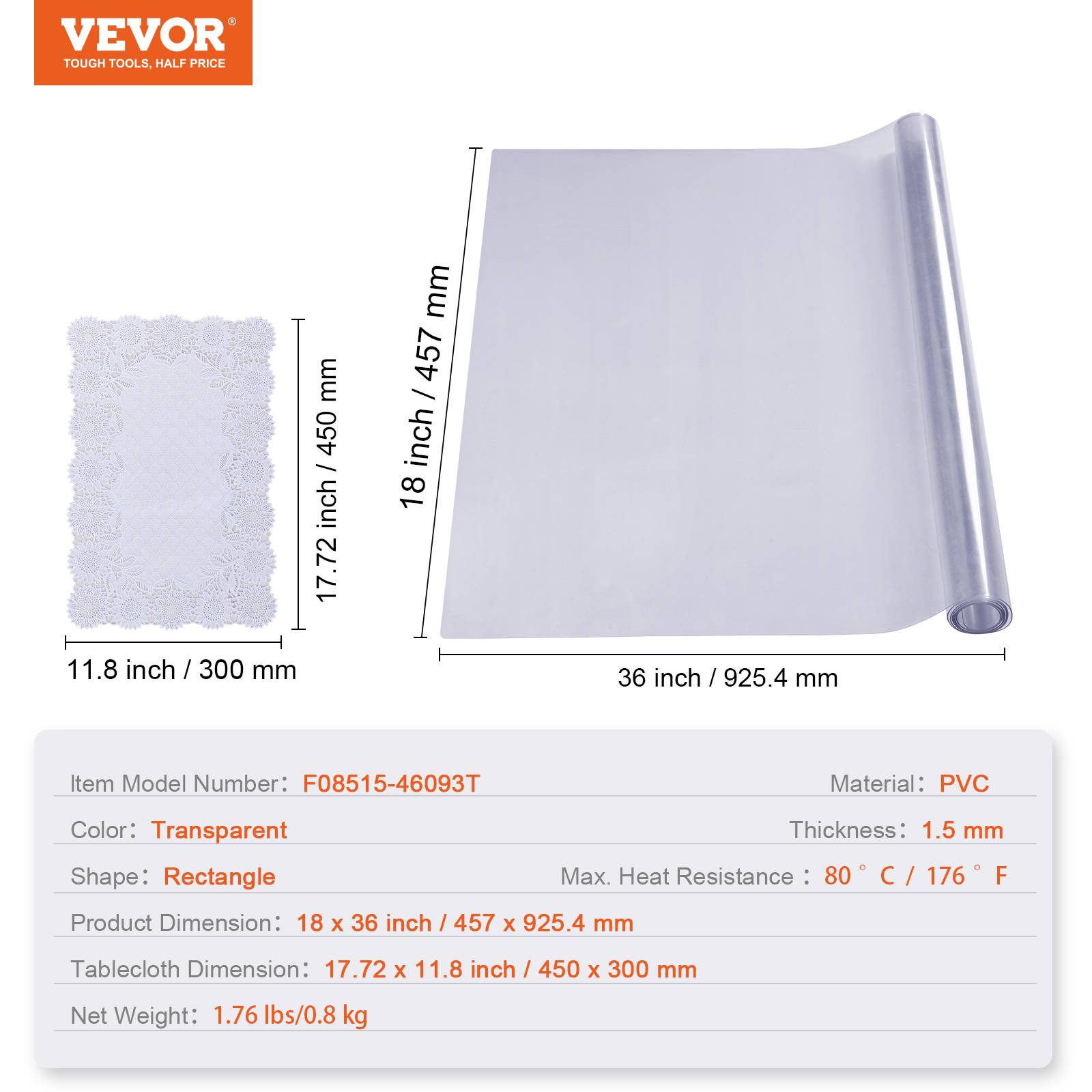 VEVOR Nappe Rectangle Transparente Protection de Table en PVC 92,5x45,7x1,5 mm - Image 7