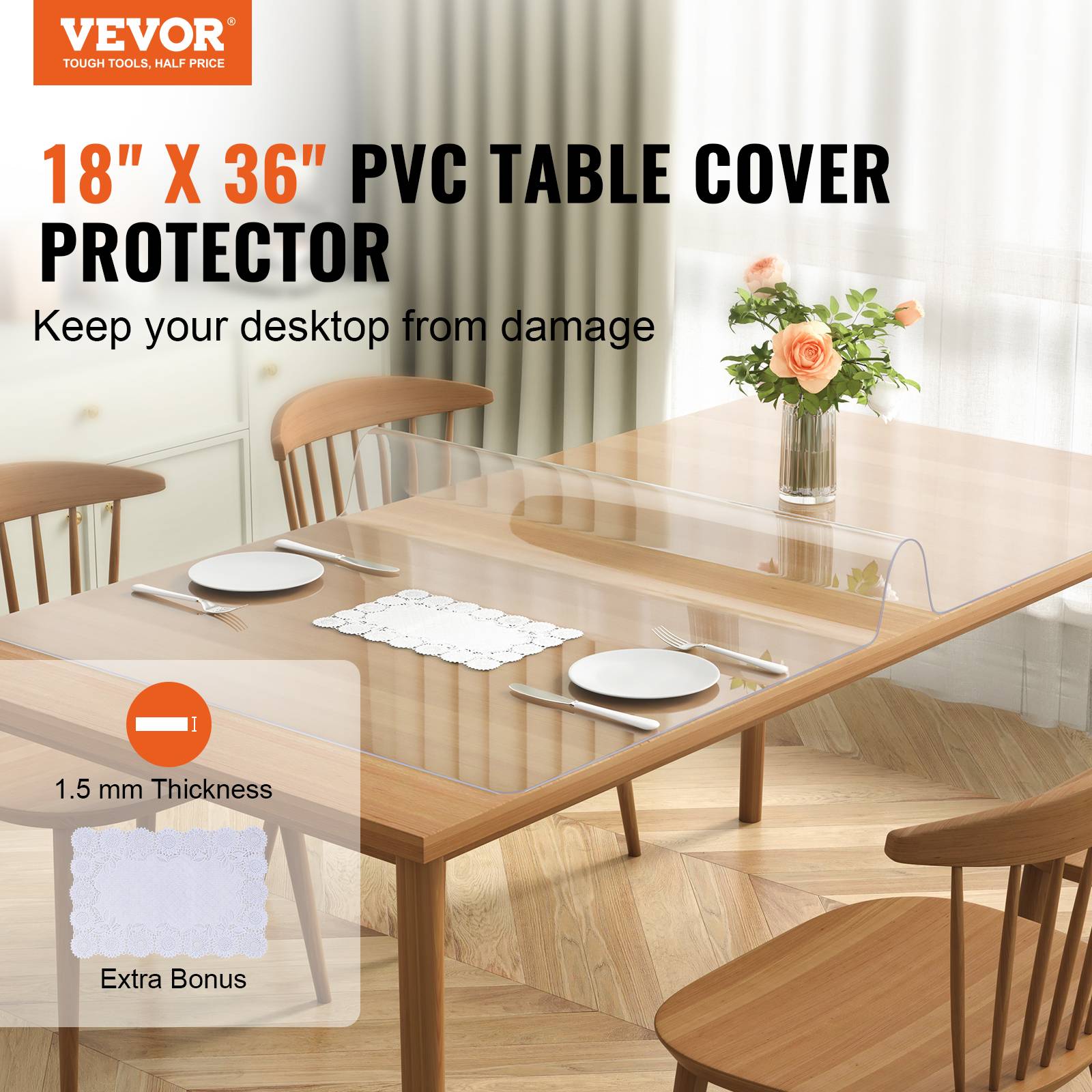 VEVOR Nappe Rectangle Transparente Protection de Table en PVC 92,5x45,7x1,5 mm - Image 2