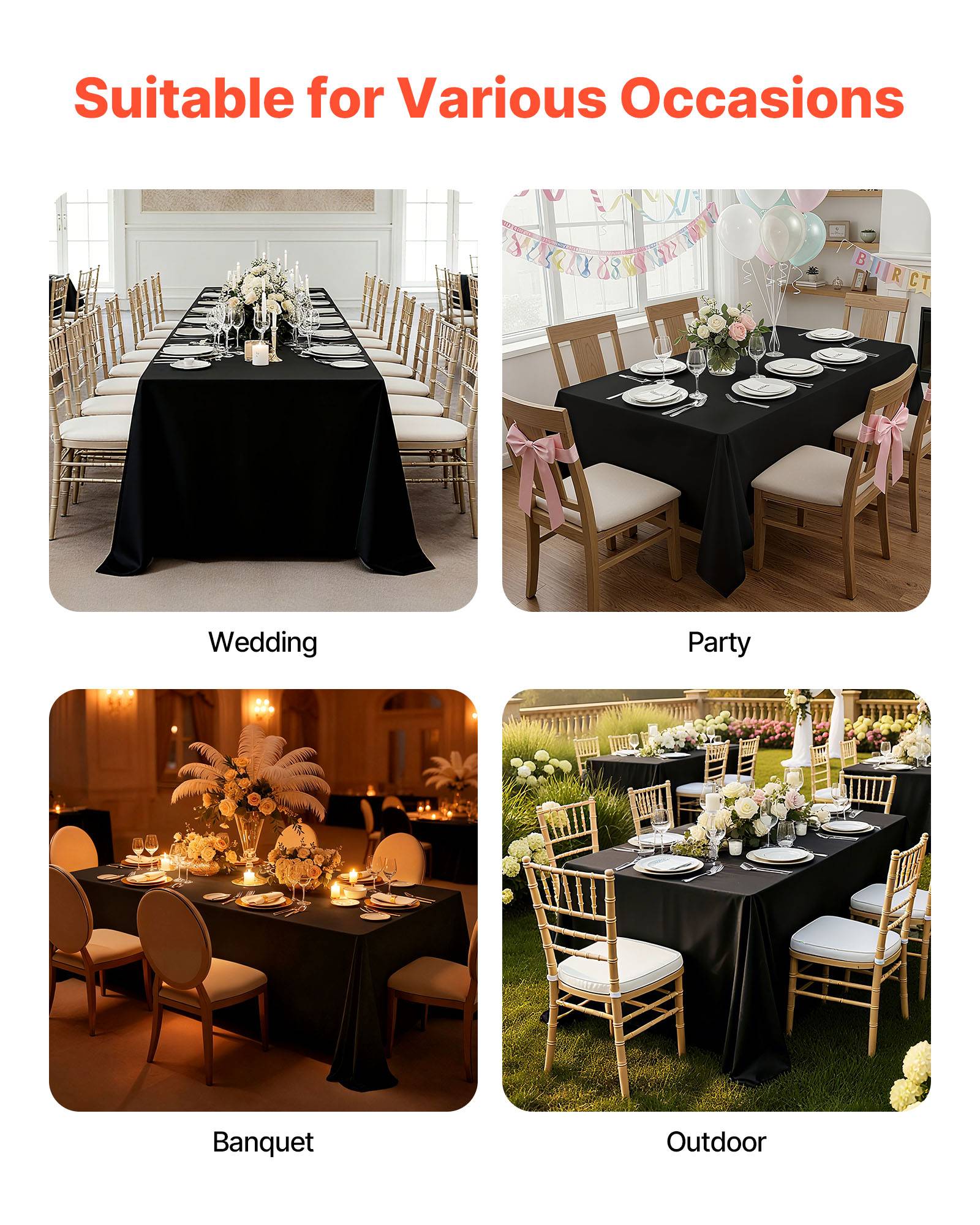 VEVOR Nappe rectangulaire noire en polyester 1778 x 3048 mm 6 pcs pour mariage - Image 7