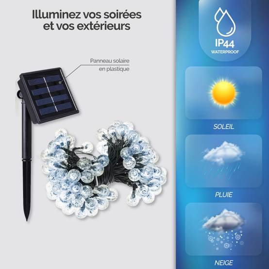 Linxor - Guirlande solaire extérieure lumineuse jardin, terrasse - Grosses ampoules LED Ø 2.2 cm, 8 modes - 12 m - Blanc froid - Linxor - Image 3