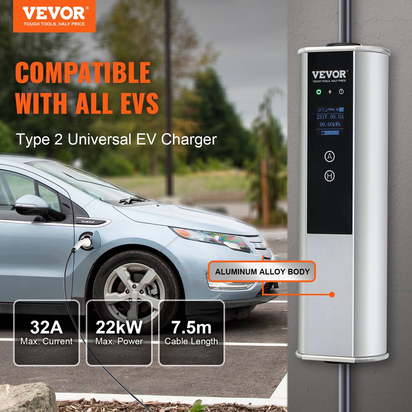 Vevor - VEVOR Chargeur EV portable Type 2 IEC6219, 32A 7,36 kW mono/22 kW tri, câble 7,5 m, LCD IP66. - Image 2
