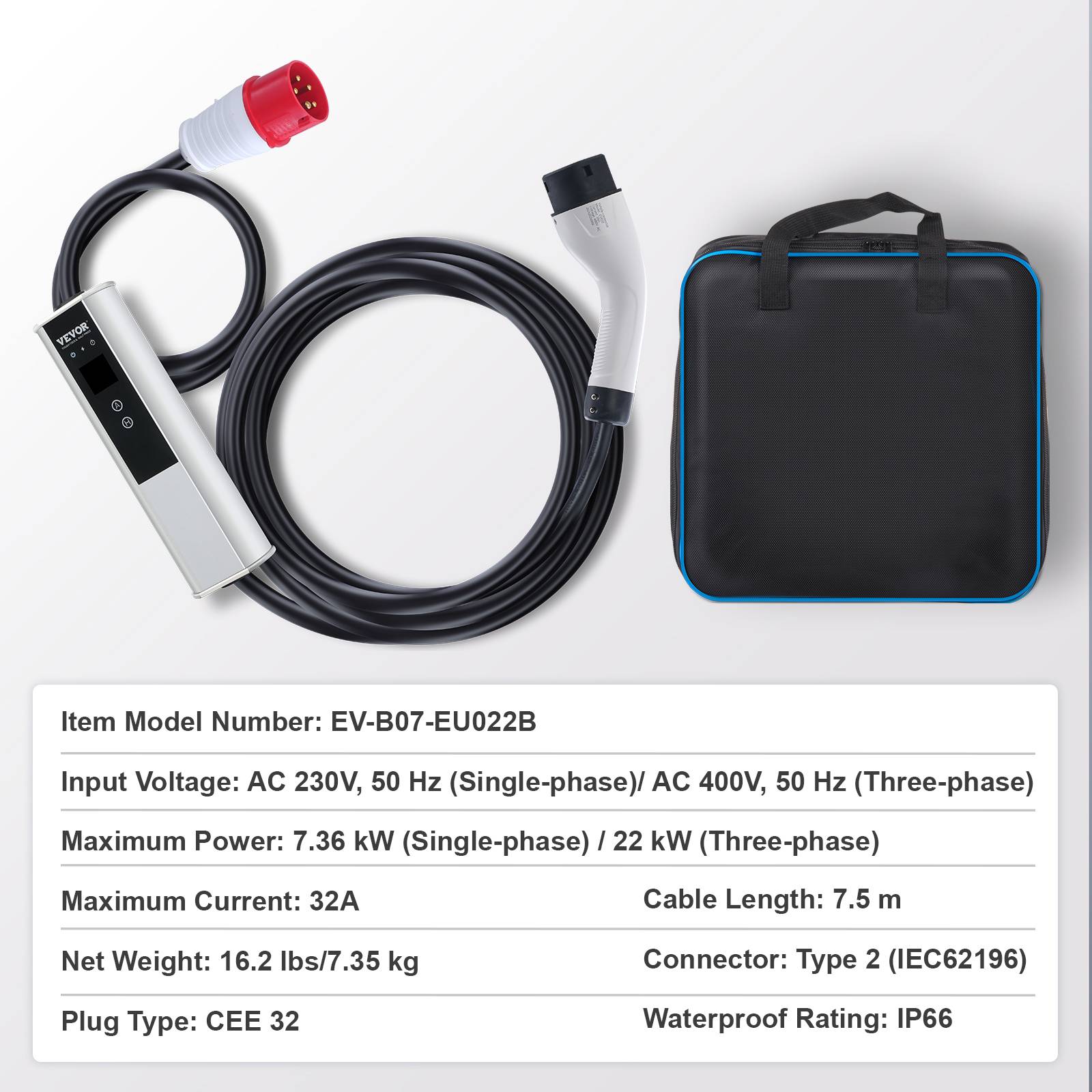 Vevor - VEVOR Chargeur EV portable Type 2 IEC6219, 32A 7,36 kW mono/22 kW tri, câble 7,5 m, LCD IP66. - Image 7