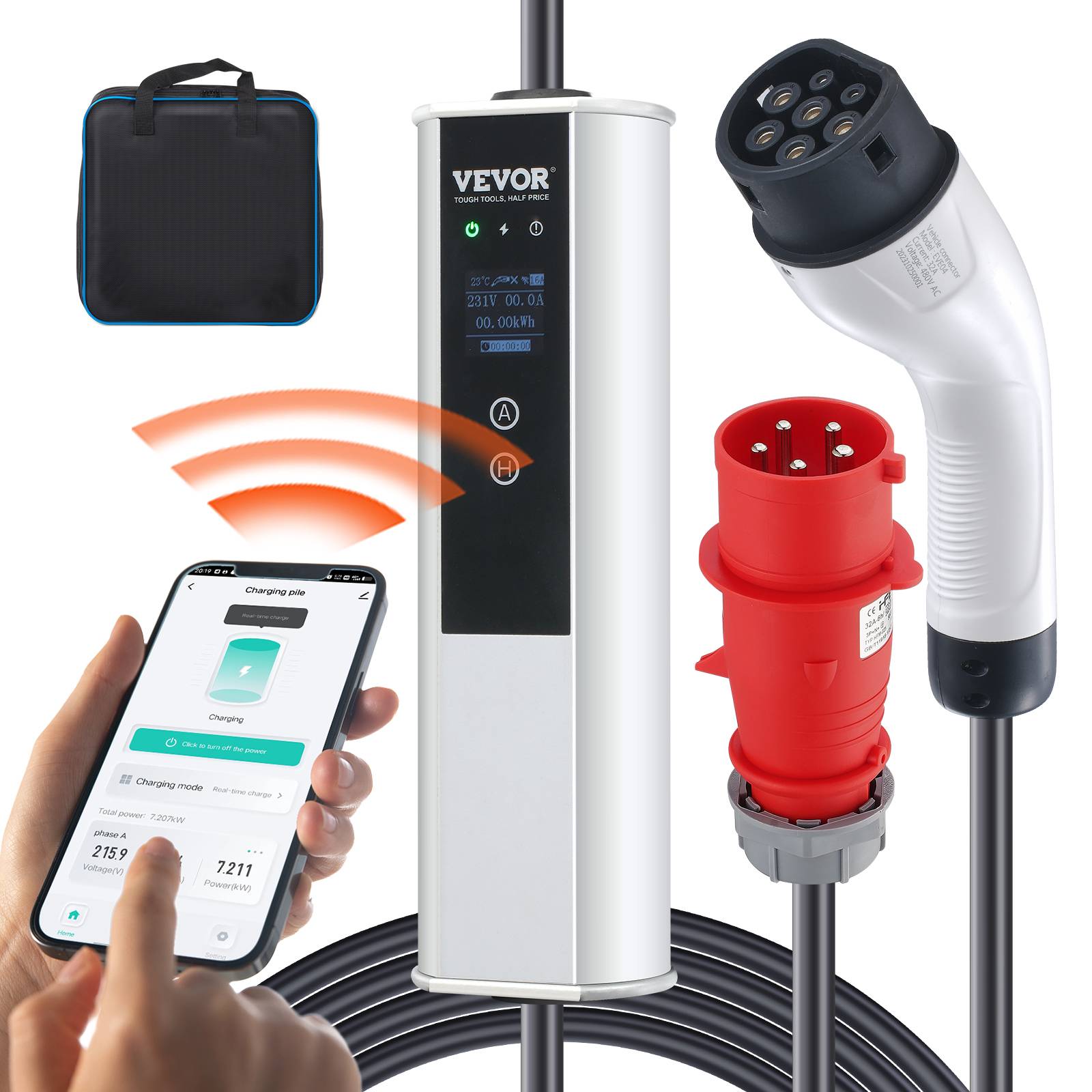 Vevor - VEVOR Chargeur EV portable Type 2 IEC6219, 32A 7,36 kW mono/22 kW tri, câble 7,5 m, LCD IP66. - Image 1