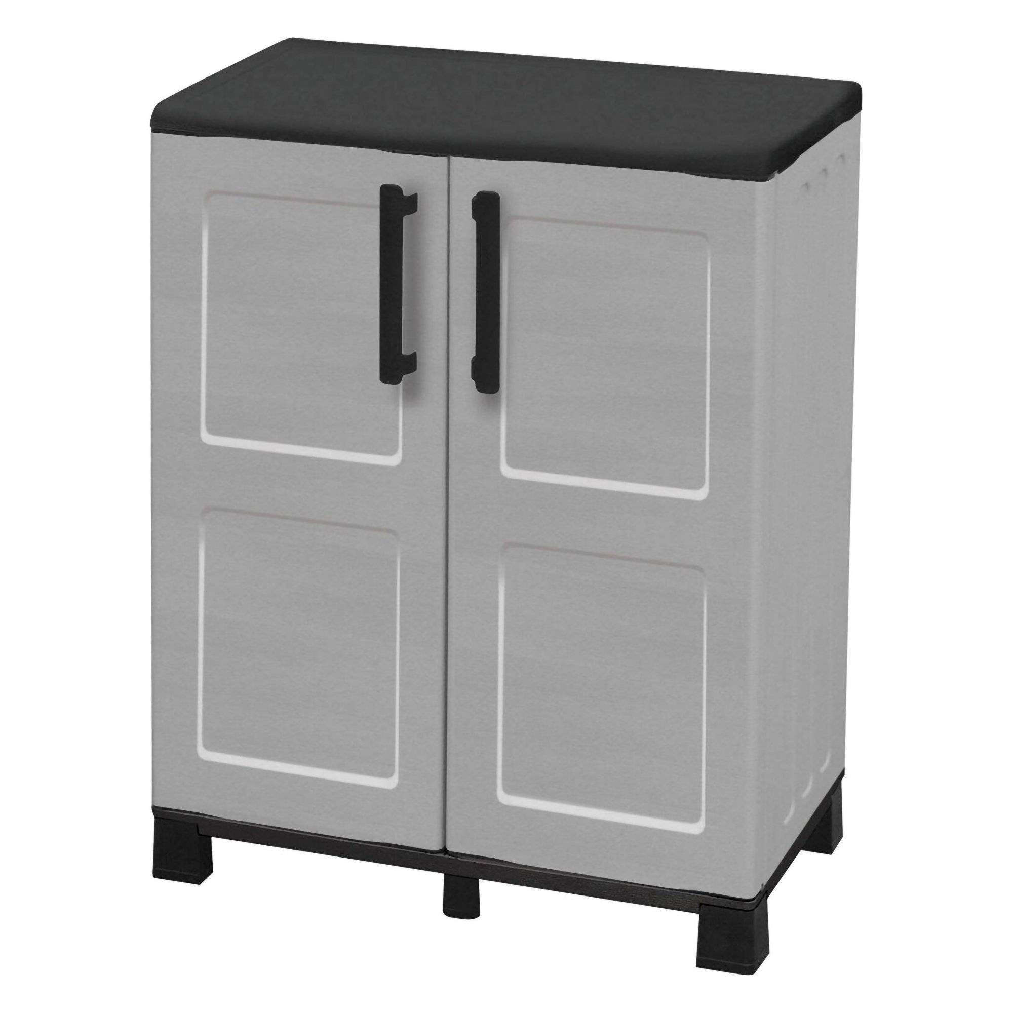 Dmora - Armoire d'extérieur Dbirindell, Armoire de balcon polyvalente, Armoire d'extérieur 2 portes, 68x37h90 cm, Gris clair et noir, Finition à carreaux - Imagen 4