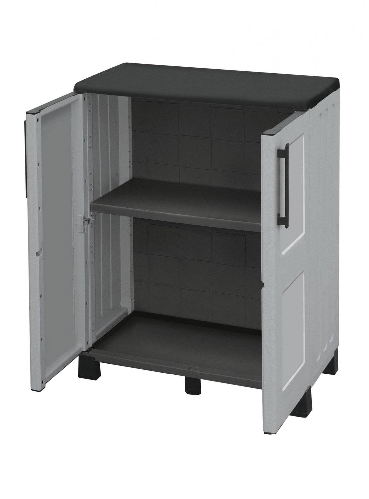 Dmora - Armoire d'extérieur Dbirindell, Armoire de balcon polyvalente, Armoire d'extérieur 2 portes, 68x37h90 cm, Gris clair et noir, Finition à carreaux - Imagen 5