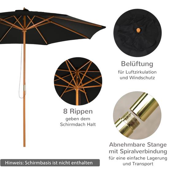 Parasol droit bois bambou jardin terrasse protection solaire anti-UV 300x250cm noir - ComfortXL Outdoor Living - Image 4