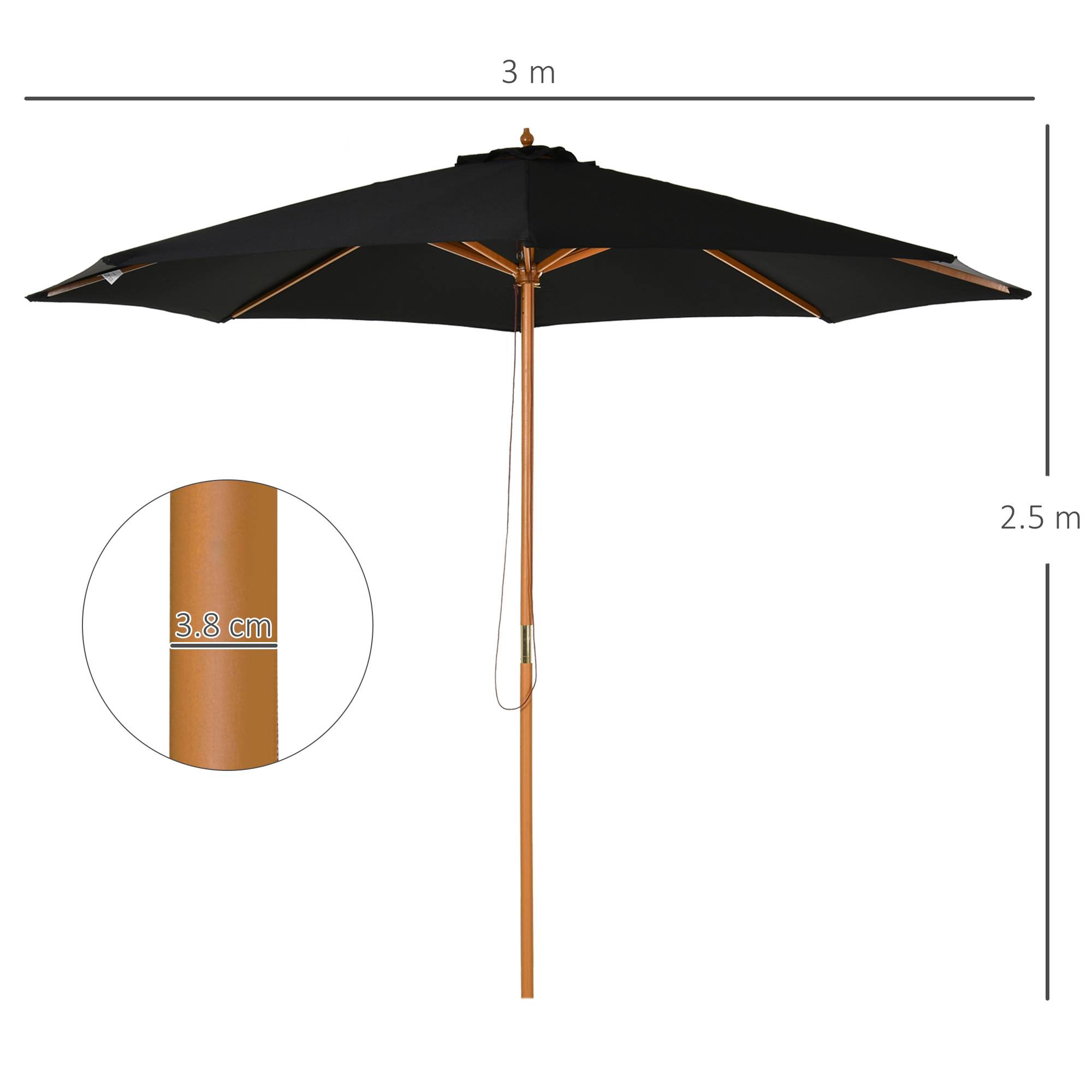 Parasol droit bois bambou jardin terrasse protection solaire anti-UV 300x250cm noir - ComfortXL Outdoor Living - Image 3