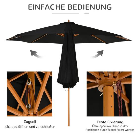 Parasol droit bois bambou jardin terrasse protection solaire anti-UV 300x250cm noir - ComfortXL Outdoor Living - Image 5