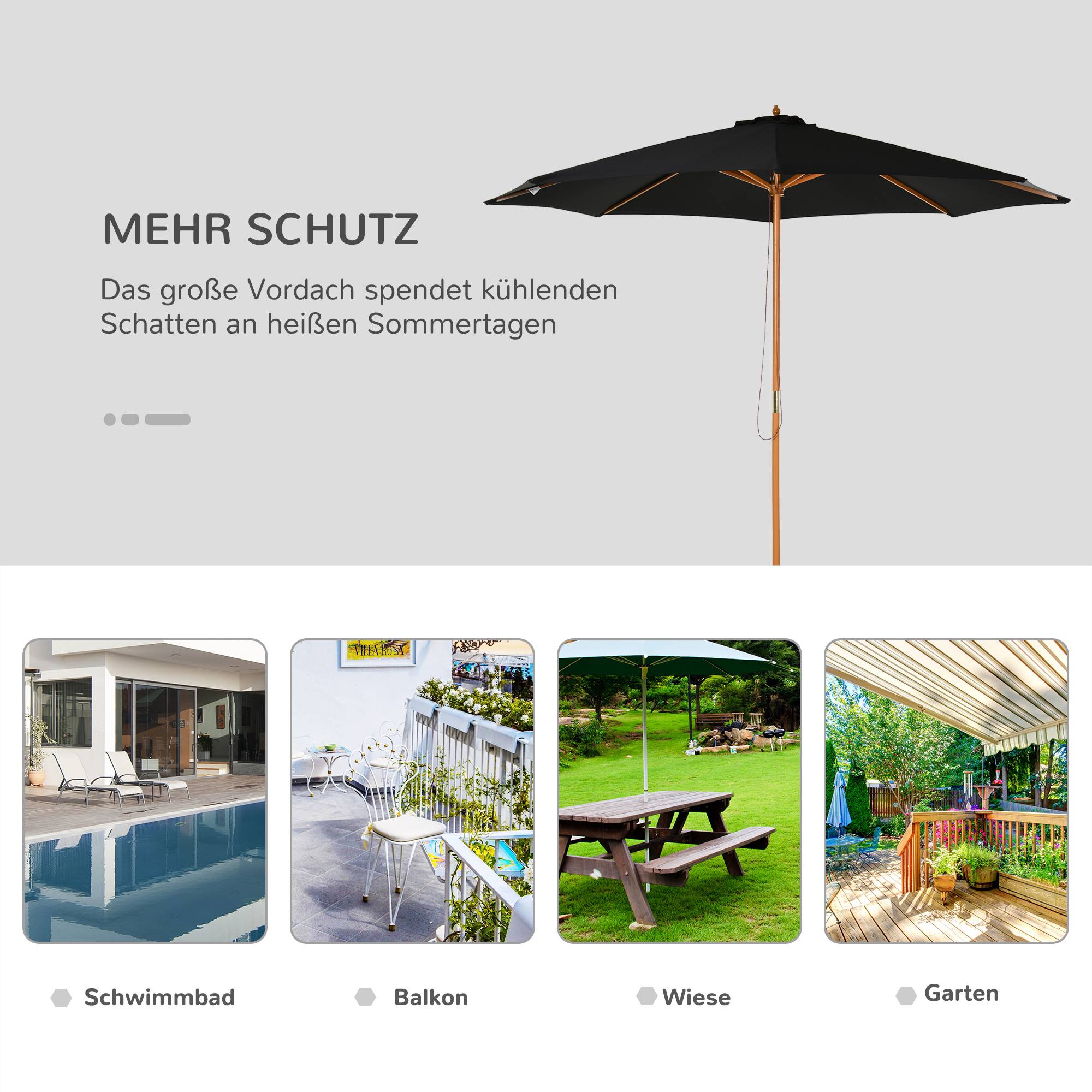 Parasol droit bois bambou jardin terrasse protection solaire anti-UV 300x250cm noir - ComfortXL Outdoor Living - Image 6