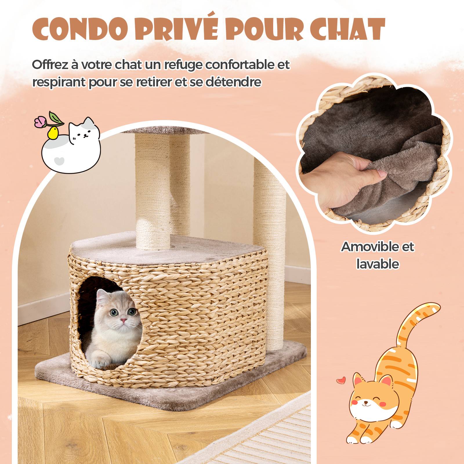 COSTWAY Arbre a Chat Bois 131 cm, 3 Griffoirs Chat en Sisal, 3 Plateformes, Condo en Quenouille Tressée, Coussins Amovible, Tour pour Chat, Café - Image 4