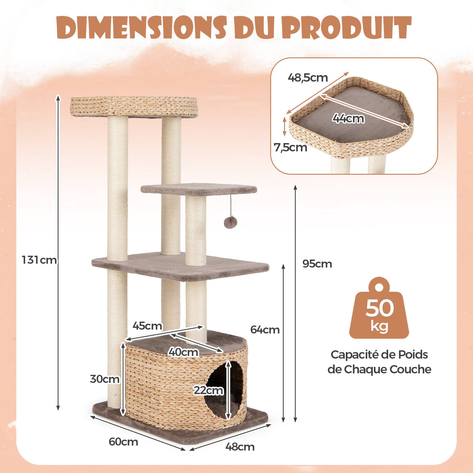 COSTWAY Arbre a Chat Bois 131 cm, 3 Griffoirs Chat en Sisal, 3 Plateformes, Condo en Quenouille Tressée, Coussins Amovible, Tour pour Chat, Café - Image 2