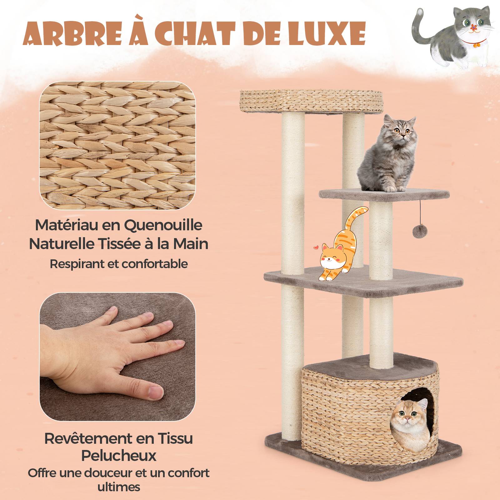 COSTWAY Arbre a Chat Bois 131 cm, 3 Griffoirs Chat en Sisal, 3 Plateformes, Condo en Quenouille Tressée,  Coussins Amovible, Tour pour Chat, Café - Image 7