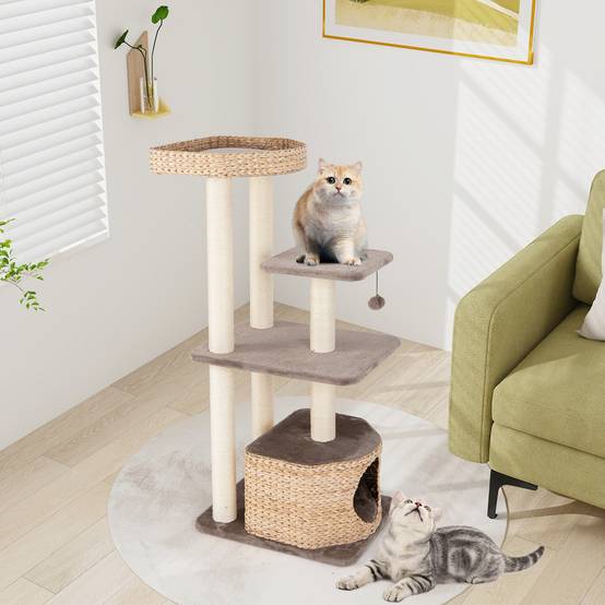 COSTWAY Arbre a Chat Bois 131 cm, 3 Griffoirs Chat en Sisal, 3 Plateformes, Condo en Quenouille Tressée, Coussins Amovible, Tour pour Chat, Café - Image 8