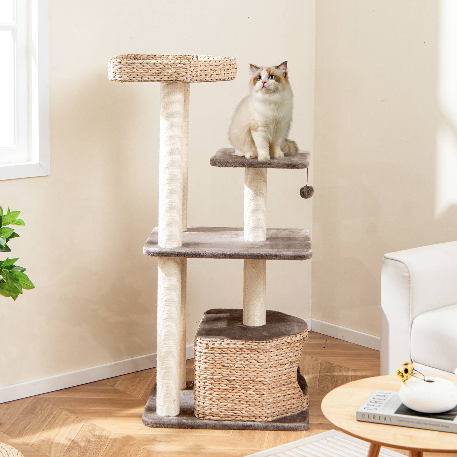 COSTWAY Arbre a Chat Bois 131 cm, 3 Griffoirs Chat en Sisal, 3 Plateformes, Condo en Quenouille Tressée, Coussins Amovible, Tour pour Chat, Café - Image 9