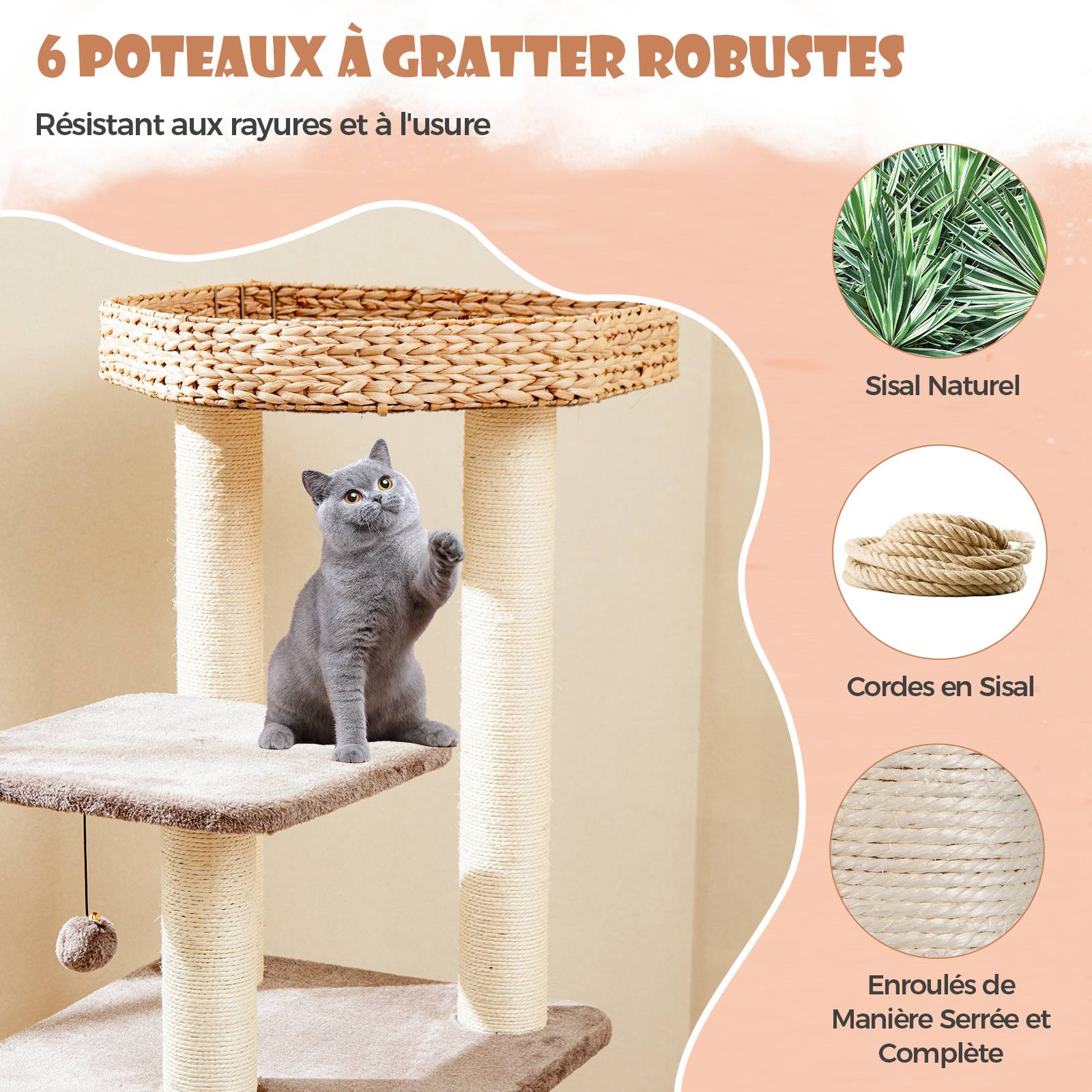 COSTWAY Arbre a Chat Bois 131 cm, 3 Griffoirs Chat en Sisal, 3 Plateformes, Condo en Quenouille Tressée, Coussins Amovible, Tour pour Chat, Café - Image 5