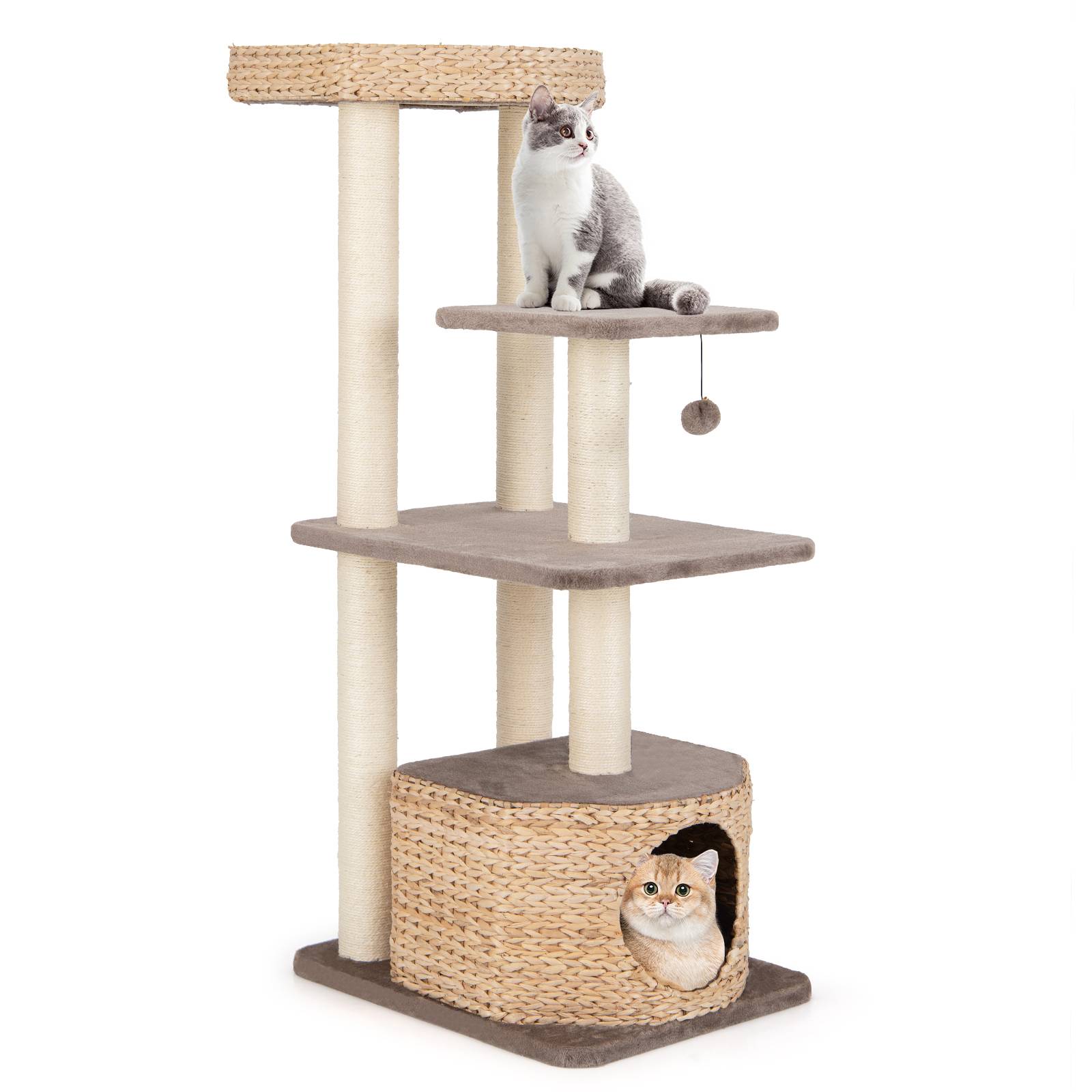 COSTWAY Arbre a Chat Bois 131 cm, 3 Griffoirs Chat en Sisal, 3 Plateformes, Condo en Quenouille Tressée,  Coussins Amovible, Tour pour Chat, Café - Image 1