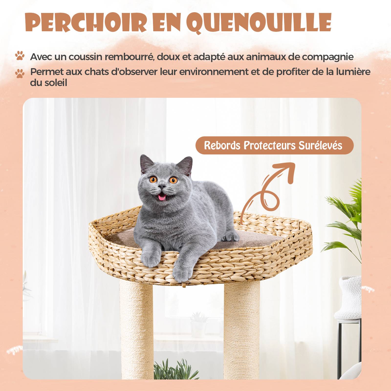 COSTWAY Arbre a Chat Bois 131 cm, 3 Griffoirs Chat en Sisal, 3 Plateformes, Condo en Quenouille Tressée,  Coussins Amovible, Tour pour Chat, Café - Image 3
