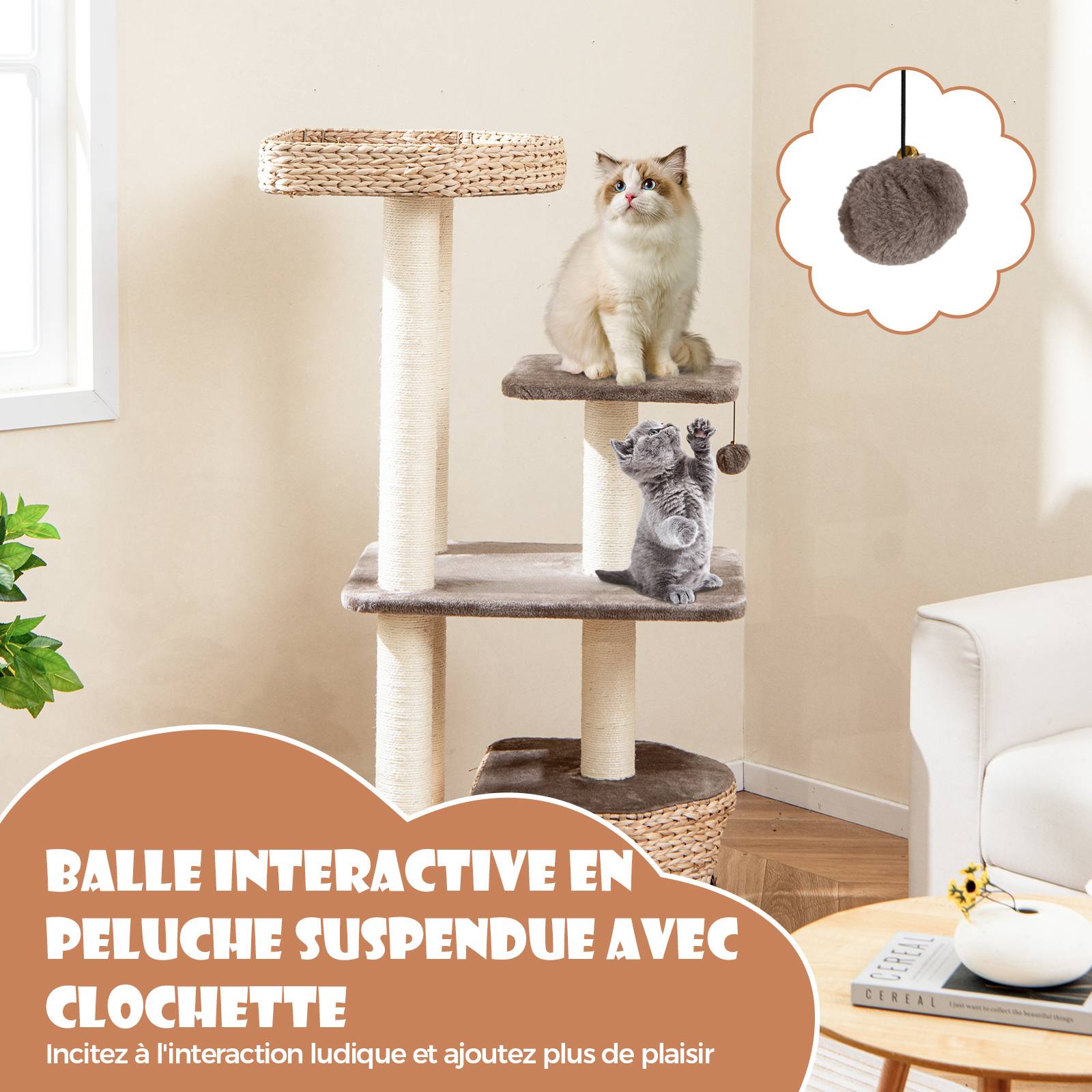 COSTWAY Arbre a Chat Bois 131 cm, 3 Griffoirs Chat en Sisal, 3 Plateformes, Condo en Quenouille Tressée, Coussins Amovible, Tour pour Chat, Café - Image 6