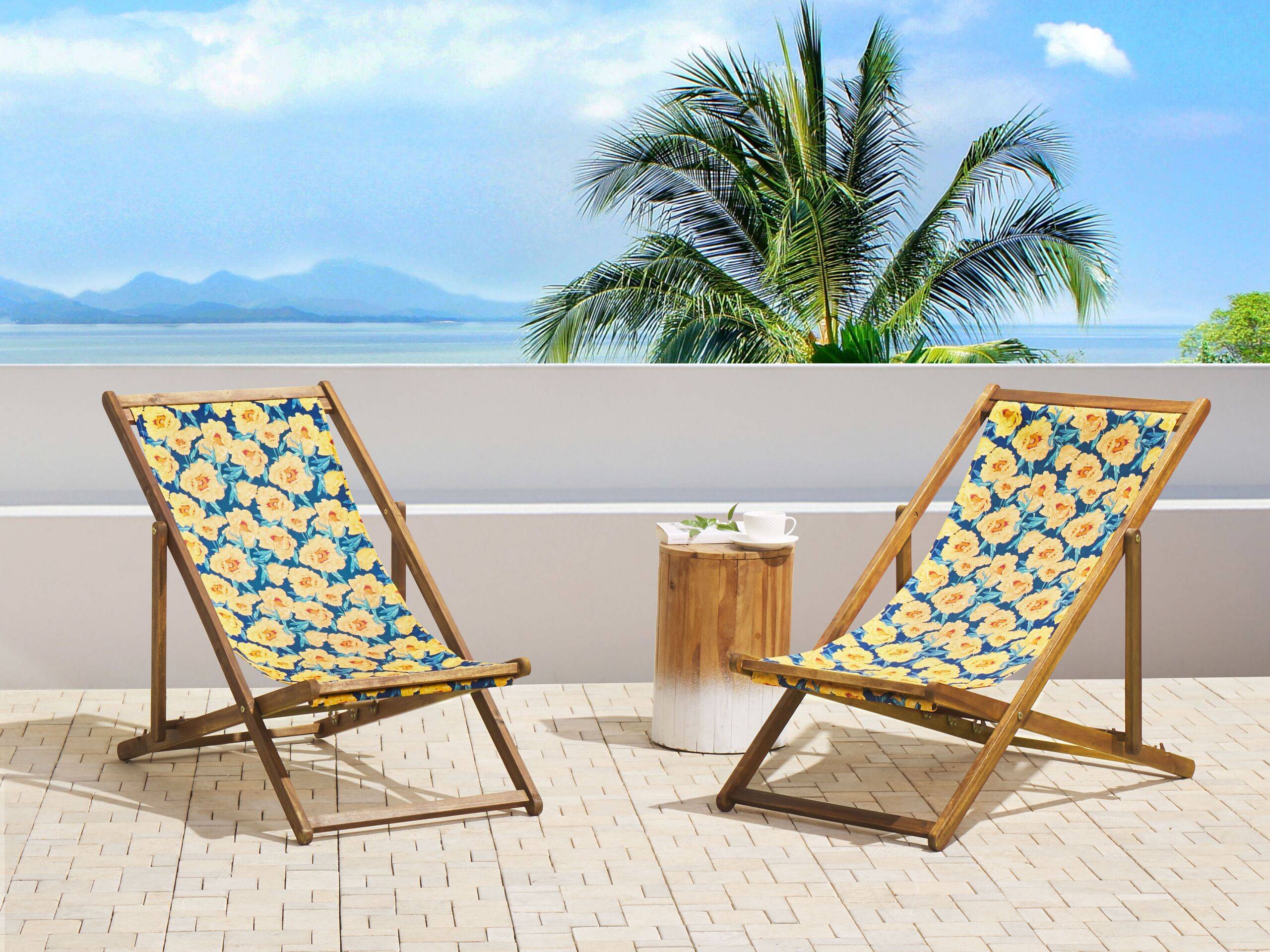 Beliani - 2 Transats Chiliennes Pliantes et Réglables en Bois d'Acacia Clair et Textile Motif Fleurs Jaunes avec Toiles de Remplacement - Imagen 2
