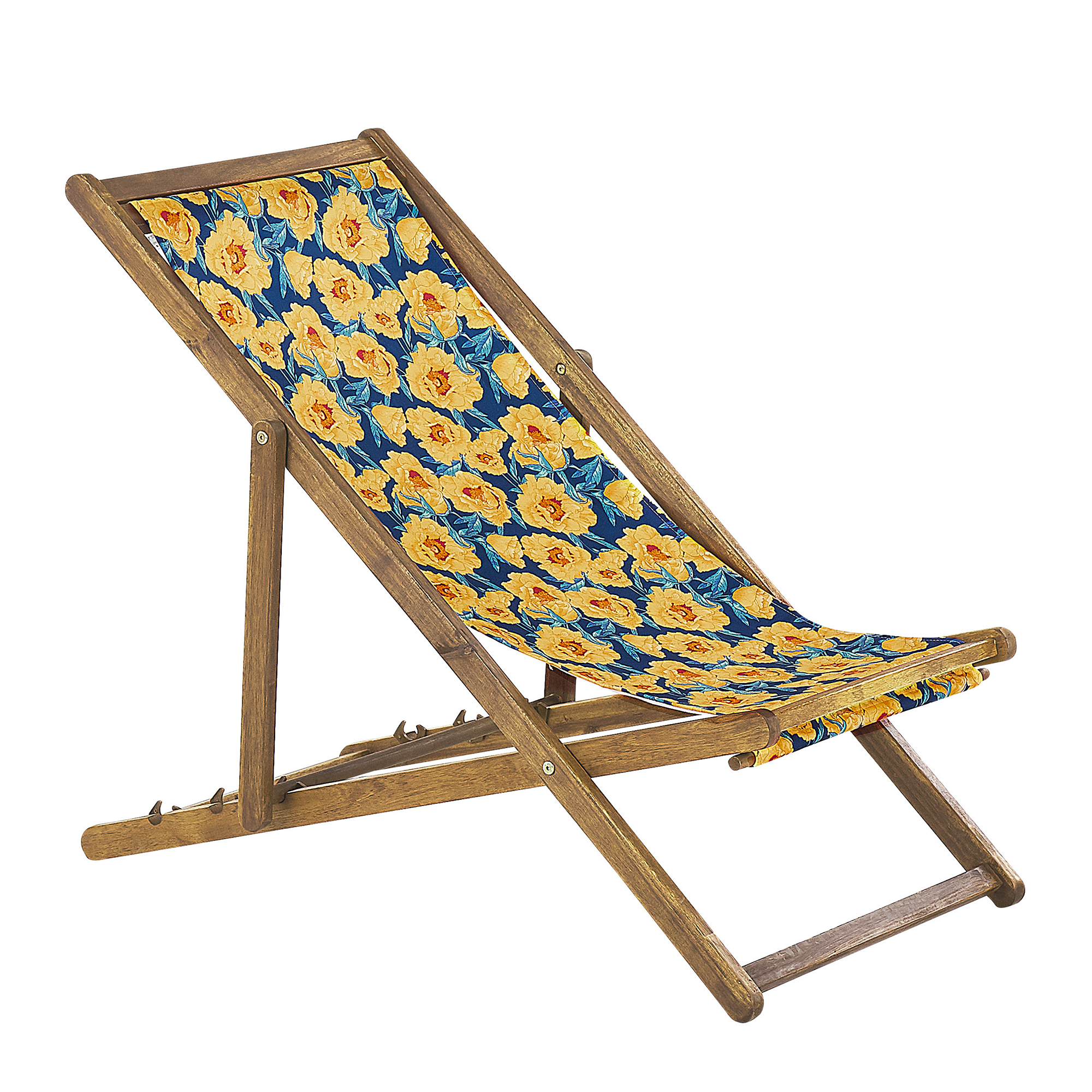 Beliani - 2 Transats Chiliennes Pliantes et Réglables en Bois d'Acacia Clair et Textile Motif Fleurs Jaunes avec Toiles de Remplacement - Imagen 4