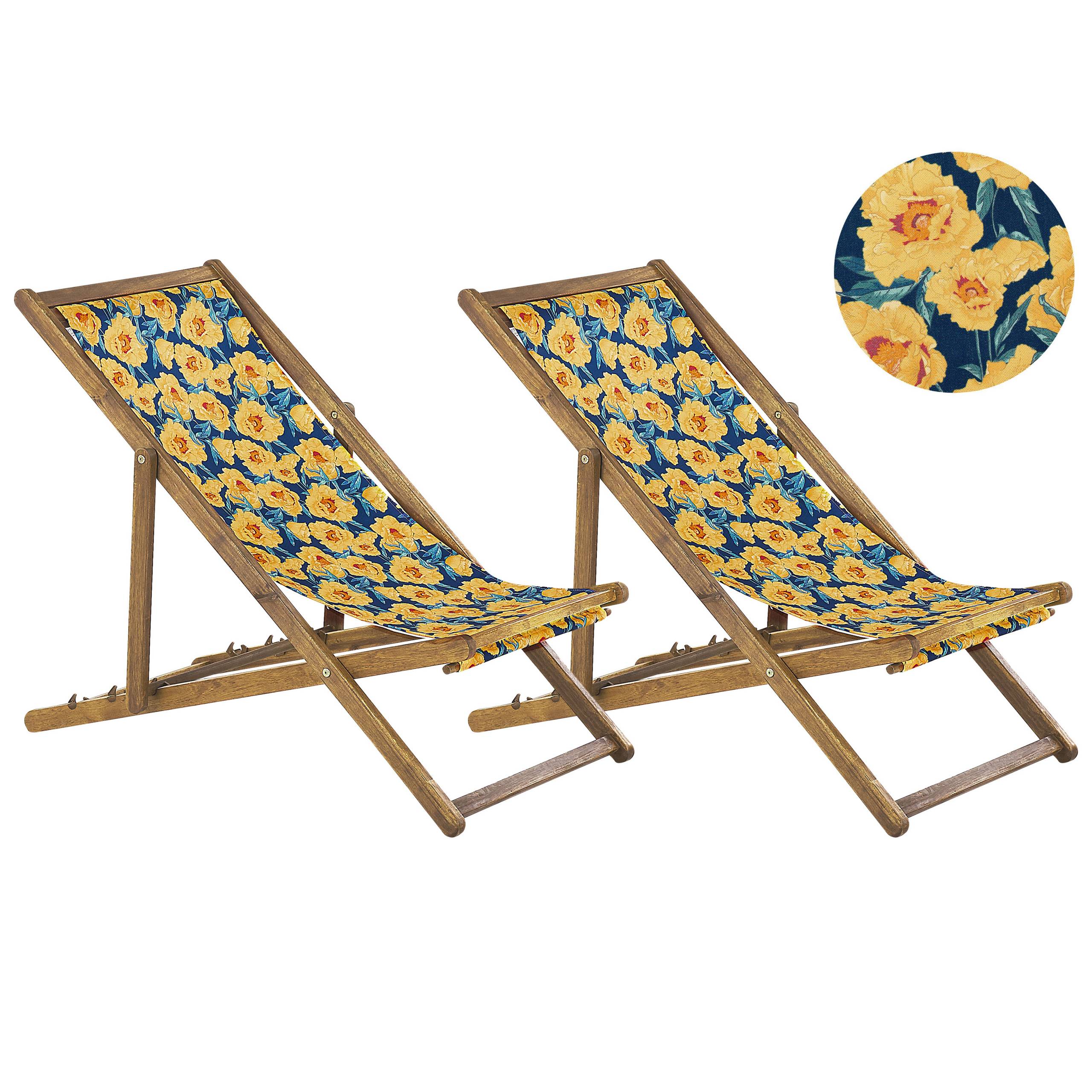 Beliani - 2 Transats Chiliennes Pliantes et Réglables en Bois d'Acacia Clair et Textile Motif Fleurs Jaunes avec Toiles de Remplacement - Imagen 1