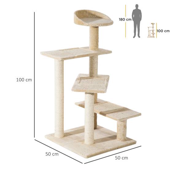 Grand arbre à chat avec griffoir (50 x 50 x 100 cm), poteau à griffer, coussin, plateformes et couverture en velours de sisal beige. - Image 5
