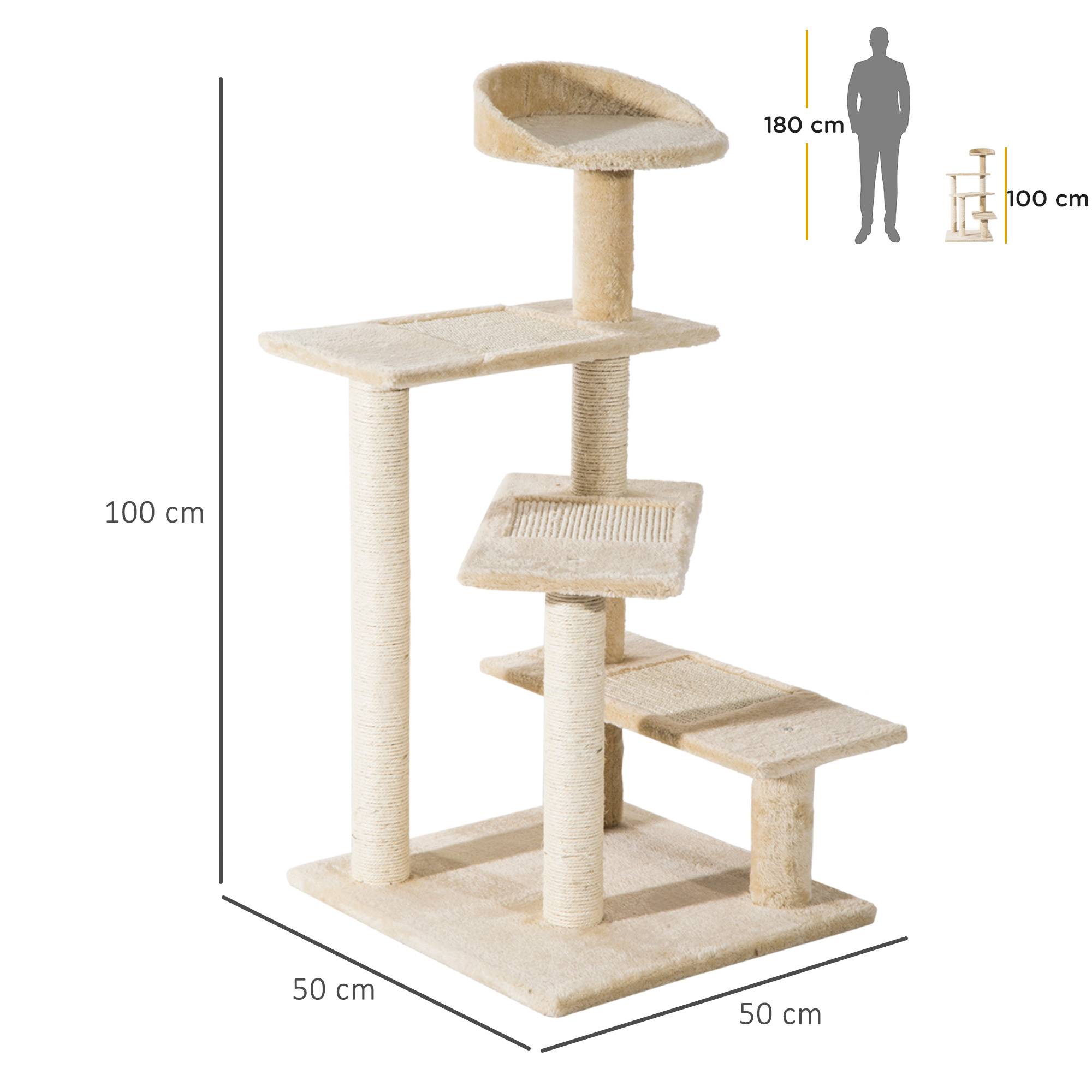 Grand arbre à chat avec griffoir (50 x 50 x 100 cm), poteau à griffer, coussin, plateformes et couverture en velours de sisal beige. - Image 5