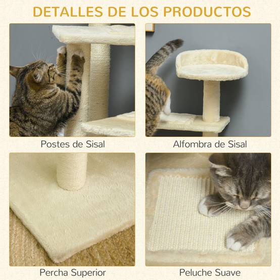 Grand arbre à chat avec griffoir (50 x 50 x 100 cm), poteau à griffer, coussin, plateformes et couverture en velours de sisal beige. - Image 8
