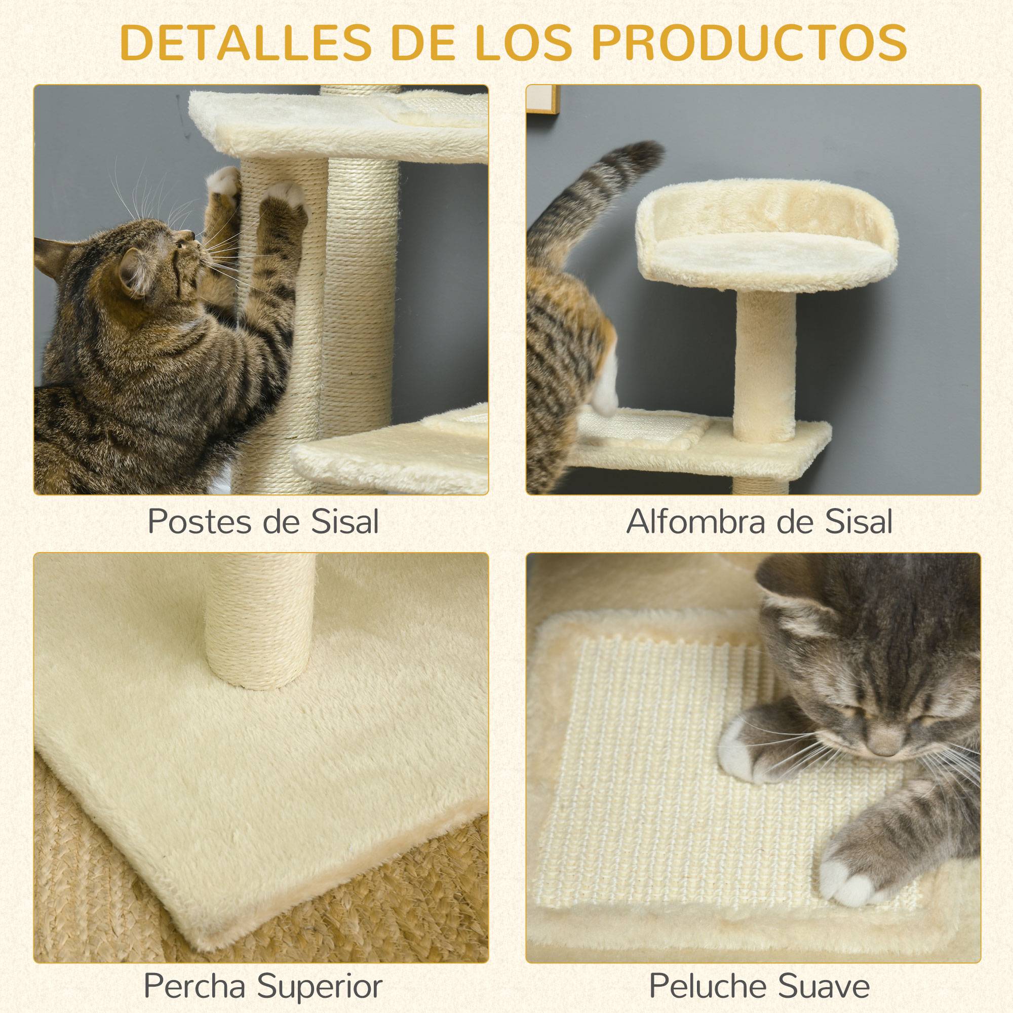 Grand arbre à chat avec griffoir (50 x 50 x 100 cm), poteau à griffer, coussin, plateformes et couverture en velours de sisal beige. - Image 8