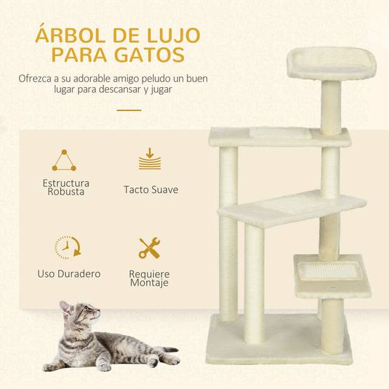Grand arbre à chat avec griffoir (50 x 50 x 100 cm), poteau à griffer, coussin, plateformes et couverture en velours de sisal beige. - Image 6