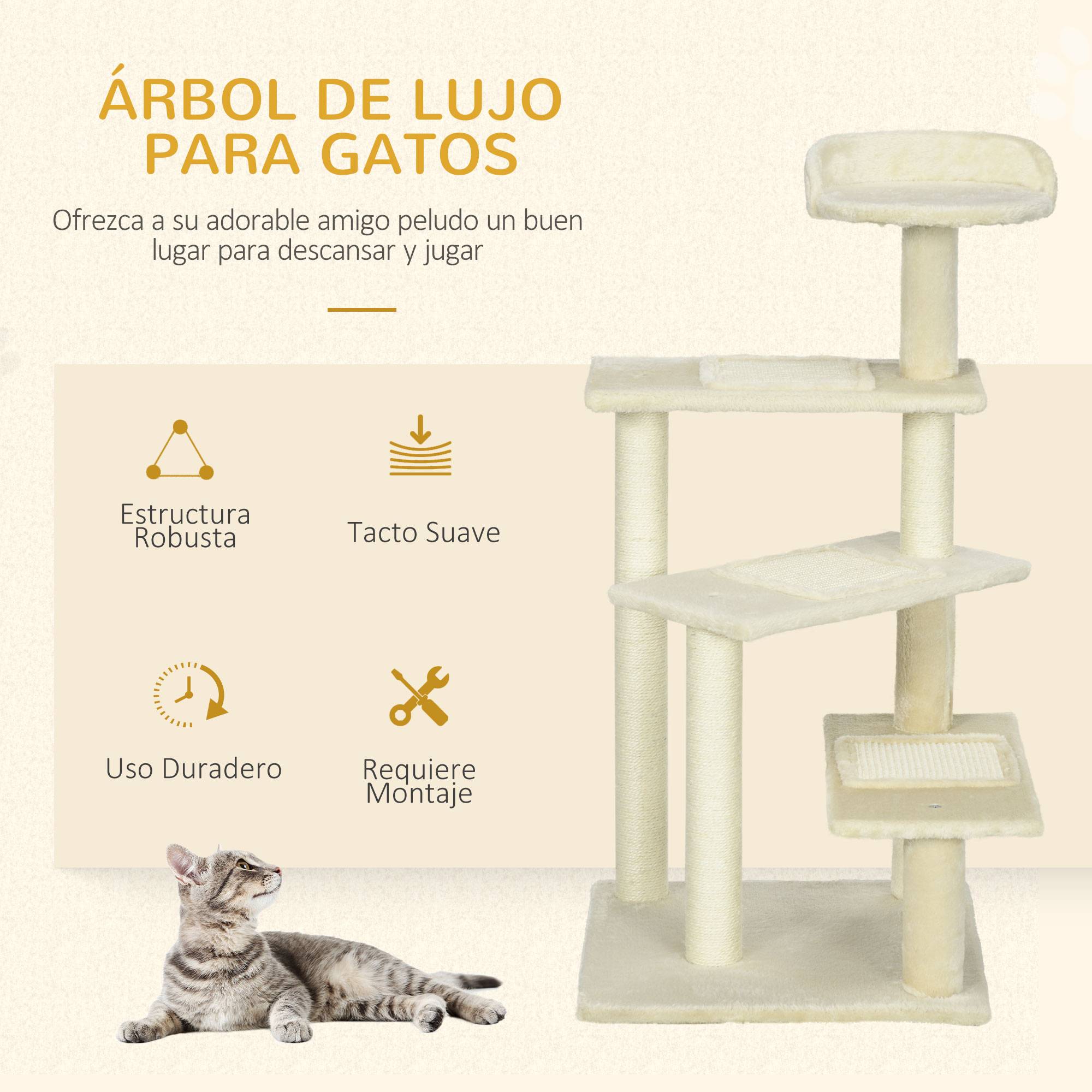 Grand arbre à chat avec griffoir (50 x 50 x 100 cm), poteau à griffer, coussin, plateformes et couverture en velours de sisal beige. - Image 6