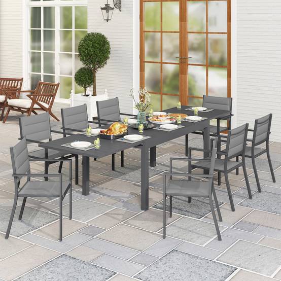 Salon de jardin aluminium pour terrasse table extensible et 8 chaises empilables 270cm gris - ComfortXL Outdoor Living - Image 4