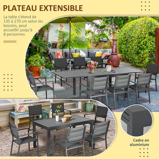 Salon de jardin aluminium pour terrasse table extensible et 8 chaises empilables 270cm gris - ComfortXL Outdoor Living - Image 7