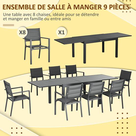 Salon de jardin aluminium pour terrasse table extensible et 8 chaises empilables 270cm gris - ComfortXL Outdoor Living - Image 6