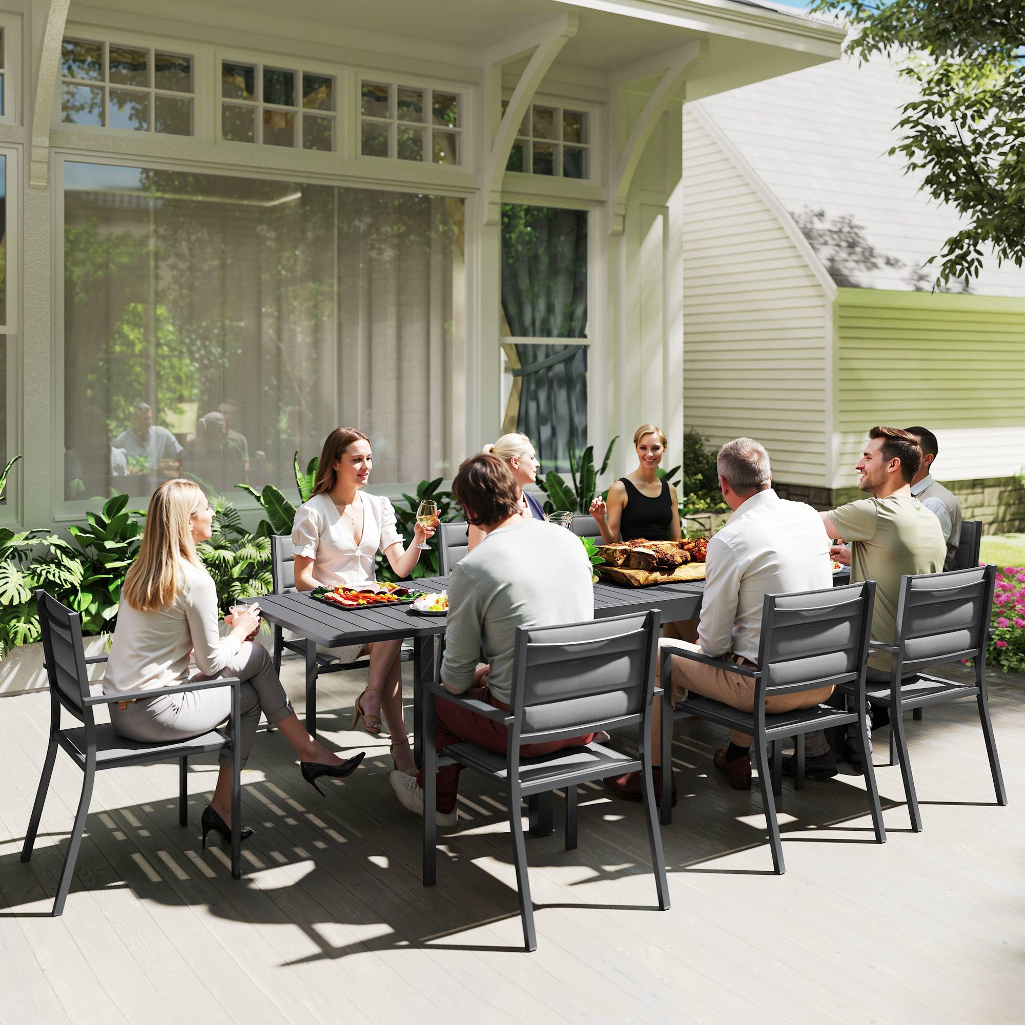 Salon de jardin aluminium pour terrasse table extensible et 8 chaises empilables 270cm gris - ComfortXL Outdoor Living - Image 3