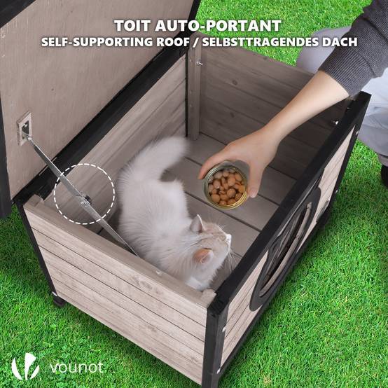 Vounot - Maison pour Chat en bois avec toit bitumé et entrée en forme d'oreilles de chat Gris - Image 6