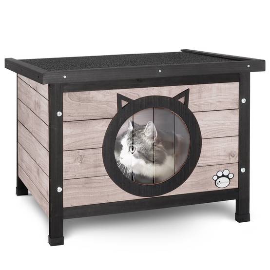 Vounot - Maison pour Chat en bois avec toit bitumé et entrée en forme d'oreilles de chat Gris - Image 1