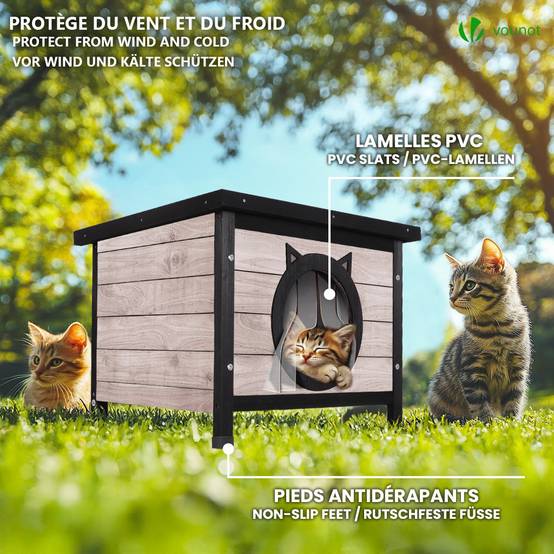 Vounot - Maison pour Chat en bois avec toit bitumé et entrée en forme d'oreilles de chat Gris - Image 3