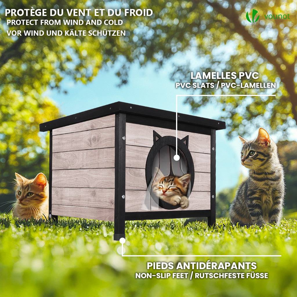 Vounot - Maison pour Chat en bois avec toit bitumé et entrée en forme d'oreilles de chat Gris - Image 3