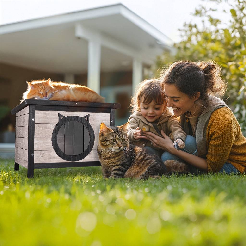 Vounot - Maison pour Chat en bois avec toit bitumé et entrée en forme d'oreilles de chat Gris - Image 7