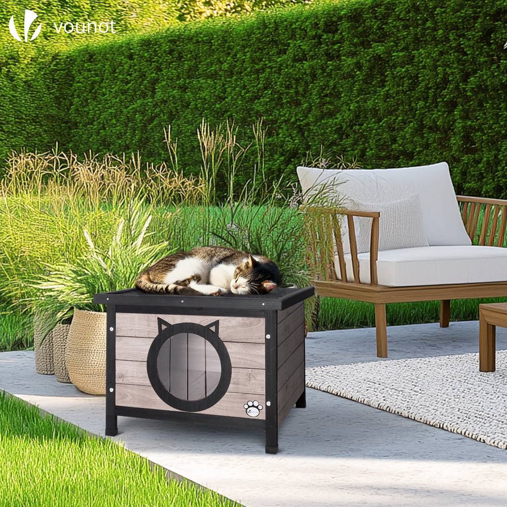 Vounot - Maison pour Chat en bois avec toit bitumé et entrée en forme d'oreilles de chat Gris - Image 2