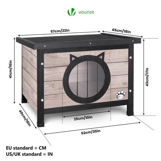Vounot - Maison pour Chat en bois avec toit bitumé et entrée en forme d'oreilles de chat Gris - Image 5