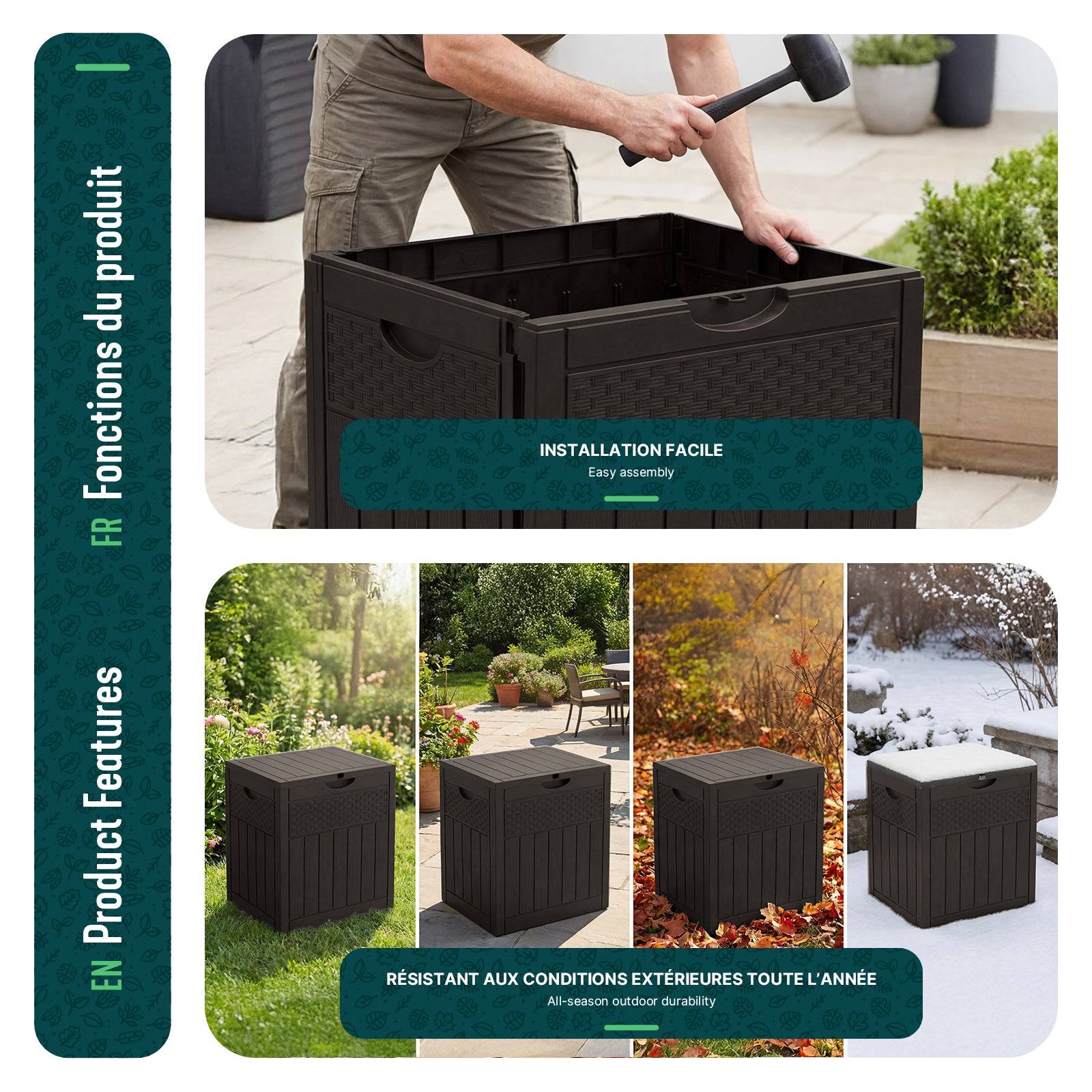 Coffre de Rangement Exterieur 126L en PP 56x43x53CM Style Polyrotin Marron - Image 7