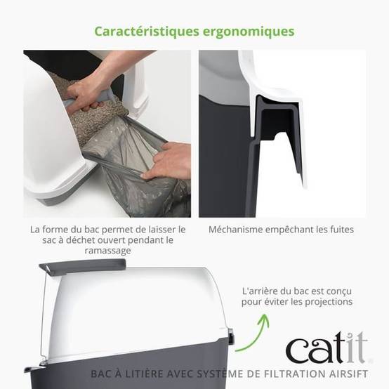 Bac à litière pour chat grand modèle fermé avec filtre AirSift et porte à bascule - gris - Catit - Image 4