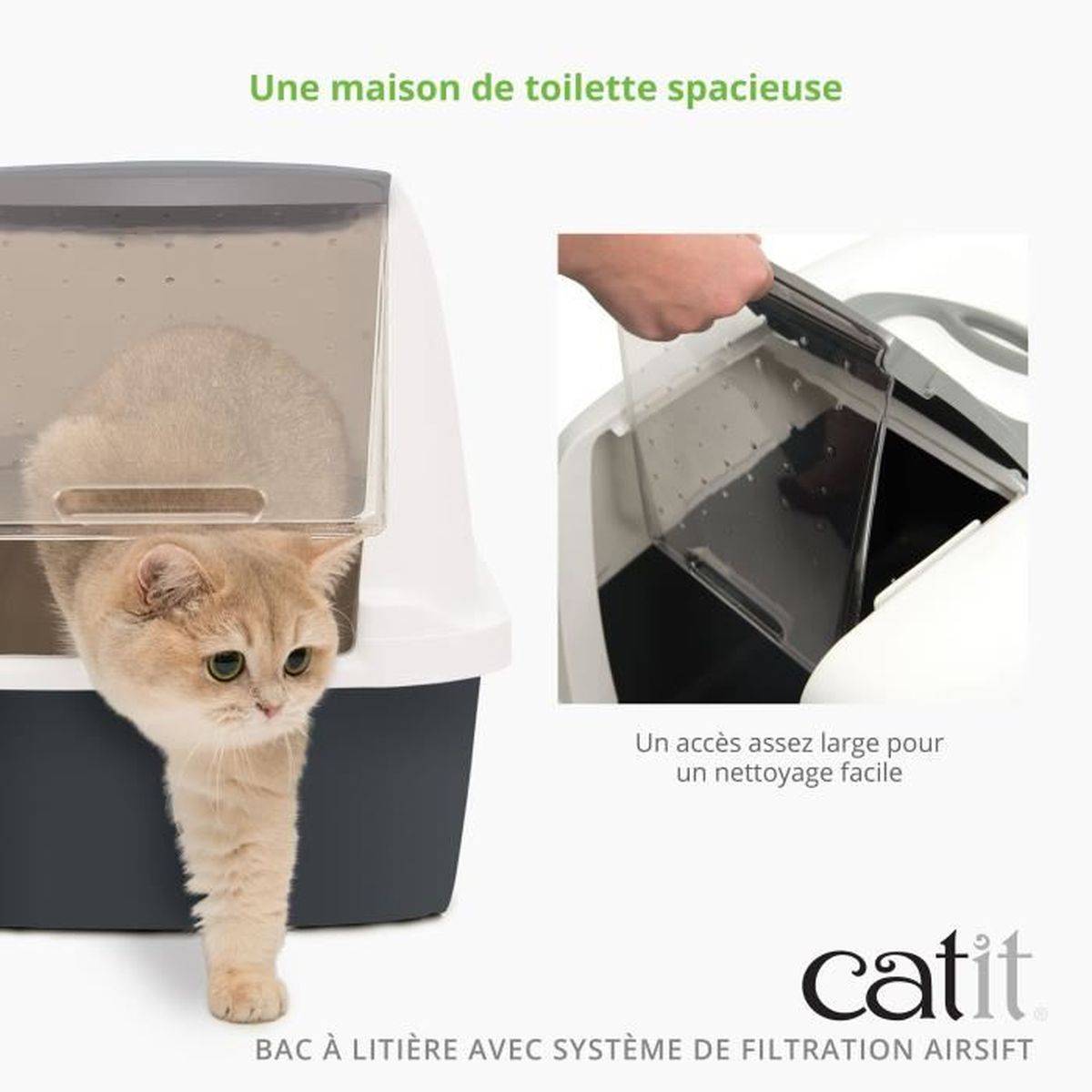 Bac à litière pour chat grand modèle fermé avec filtre AirSift et porte à bascule - gris - Catit - Image 3