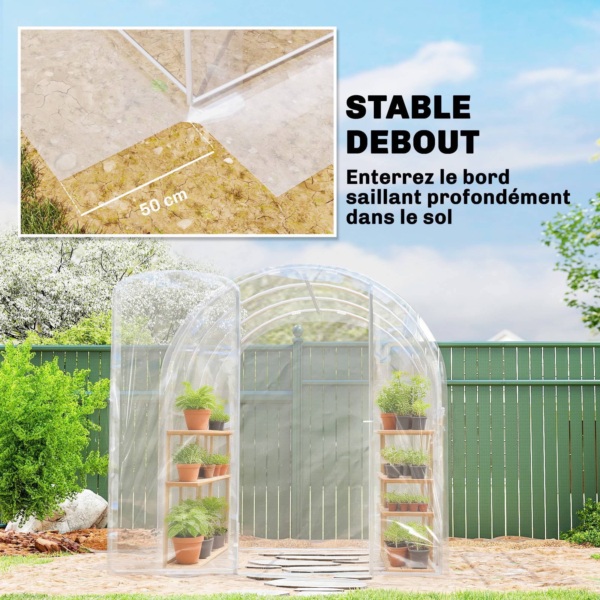Serre de jardin tunnel 3 x 2 x 2 m 6 m² avec porte à charnières bâche en PE 150 g/m² pour Légumes Plantes Fleurs - Image 8