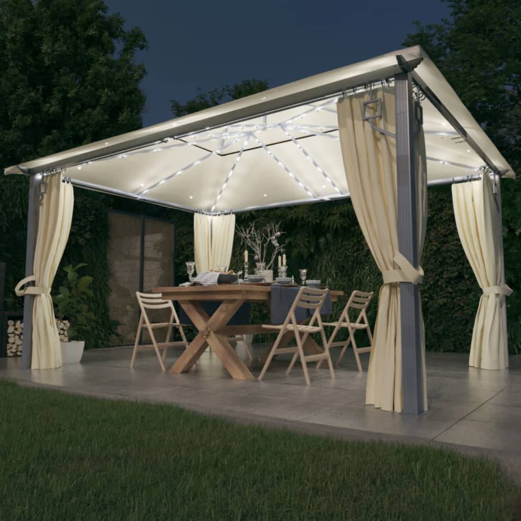 Tonnelle Aluminium Crème avec Rideaux et LED 4 x 3 x 2.7 cm - PANGIVO