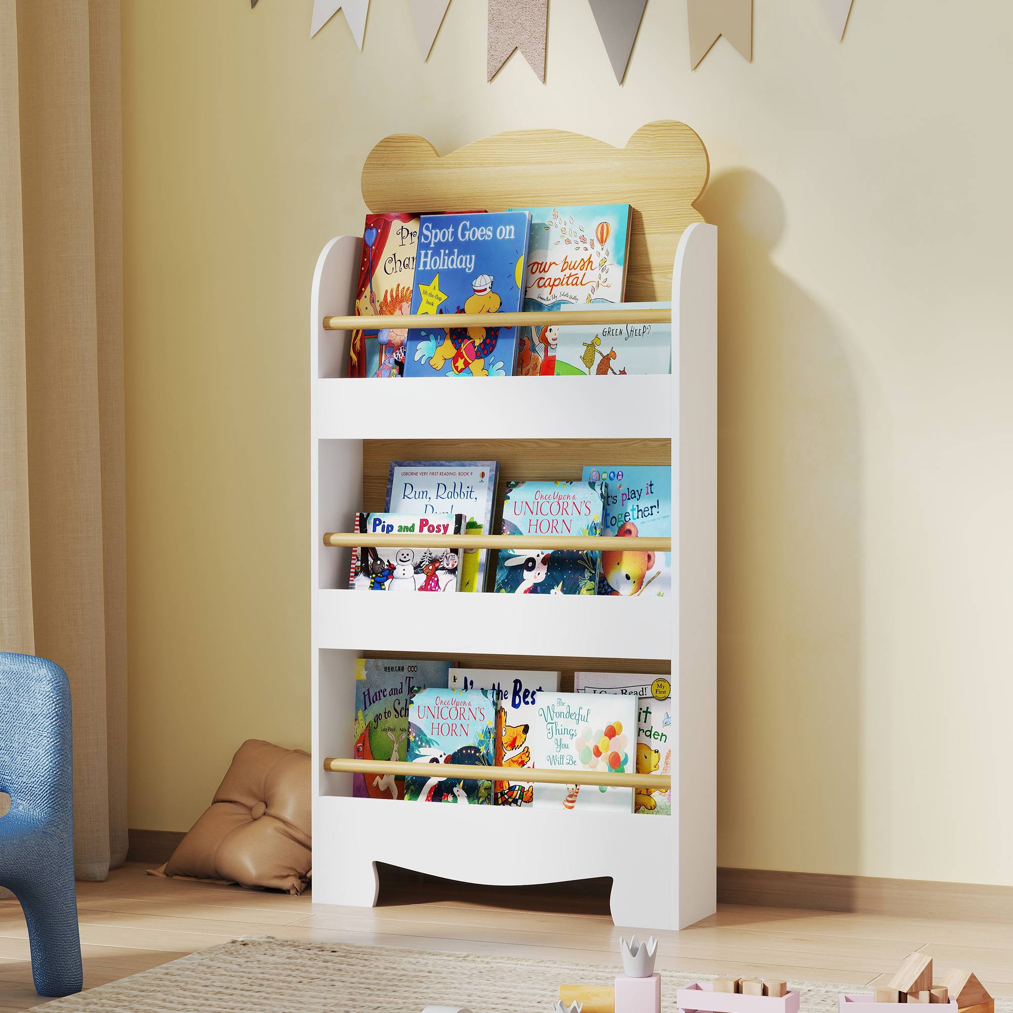 Bibliothèque pour enfants à 3 niveaux avec motif d'ours en peluche, bords arrondis et barrières de sécurité pour les livres et les jouets - Image 3