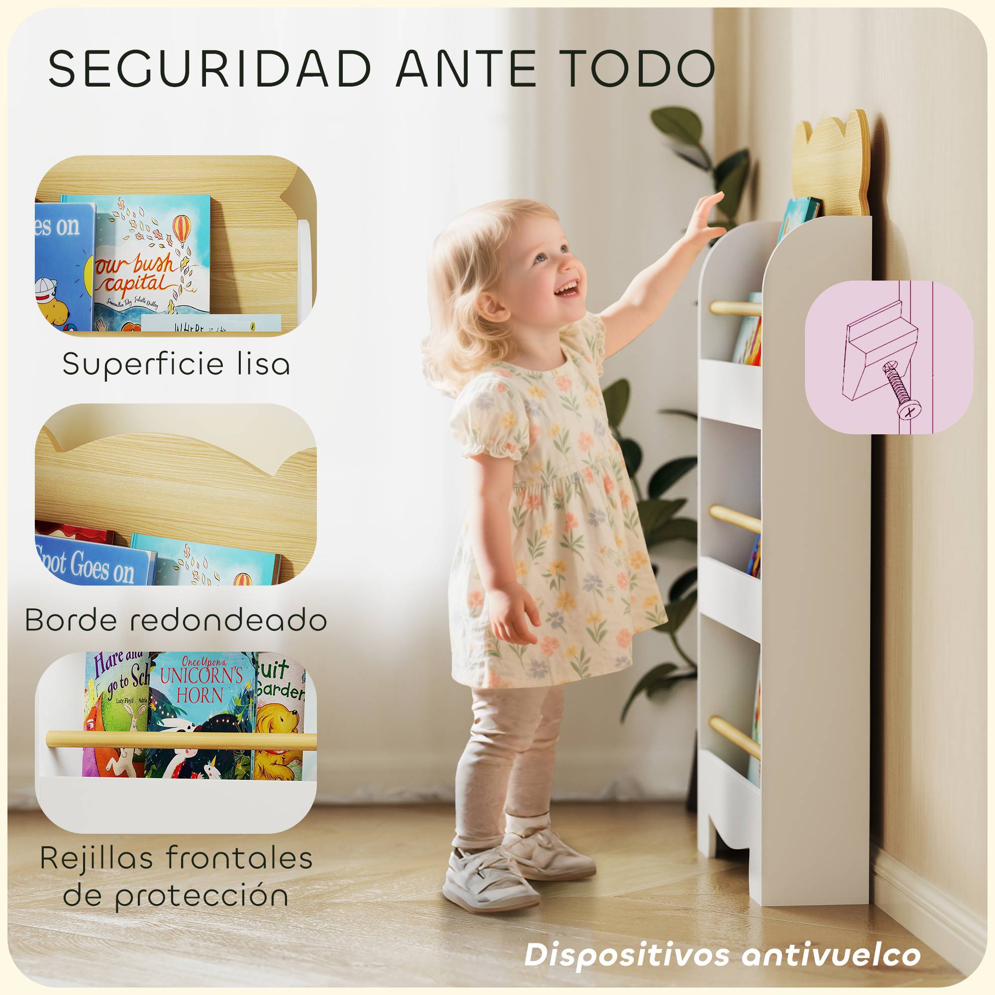 Bibliothèque pour enfants à 3 niveaux avec motif d'ours en peluche, bords arrondis et barrières de sécurité pour les livres et les jouets - Image 7