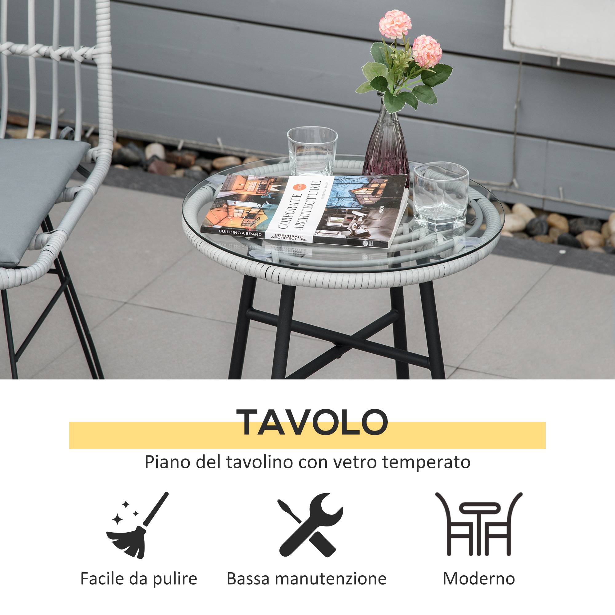 Ensemble table et chaises jardin 3 pcs rotin PE et acier, bistrot, table verre, 2 chaises, gris - Image 8